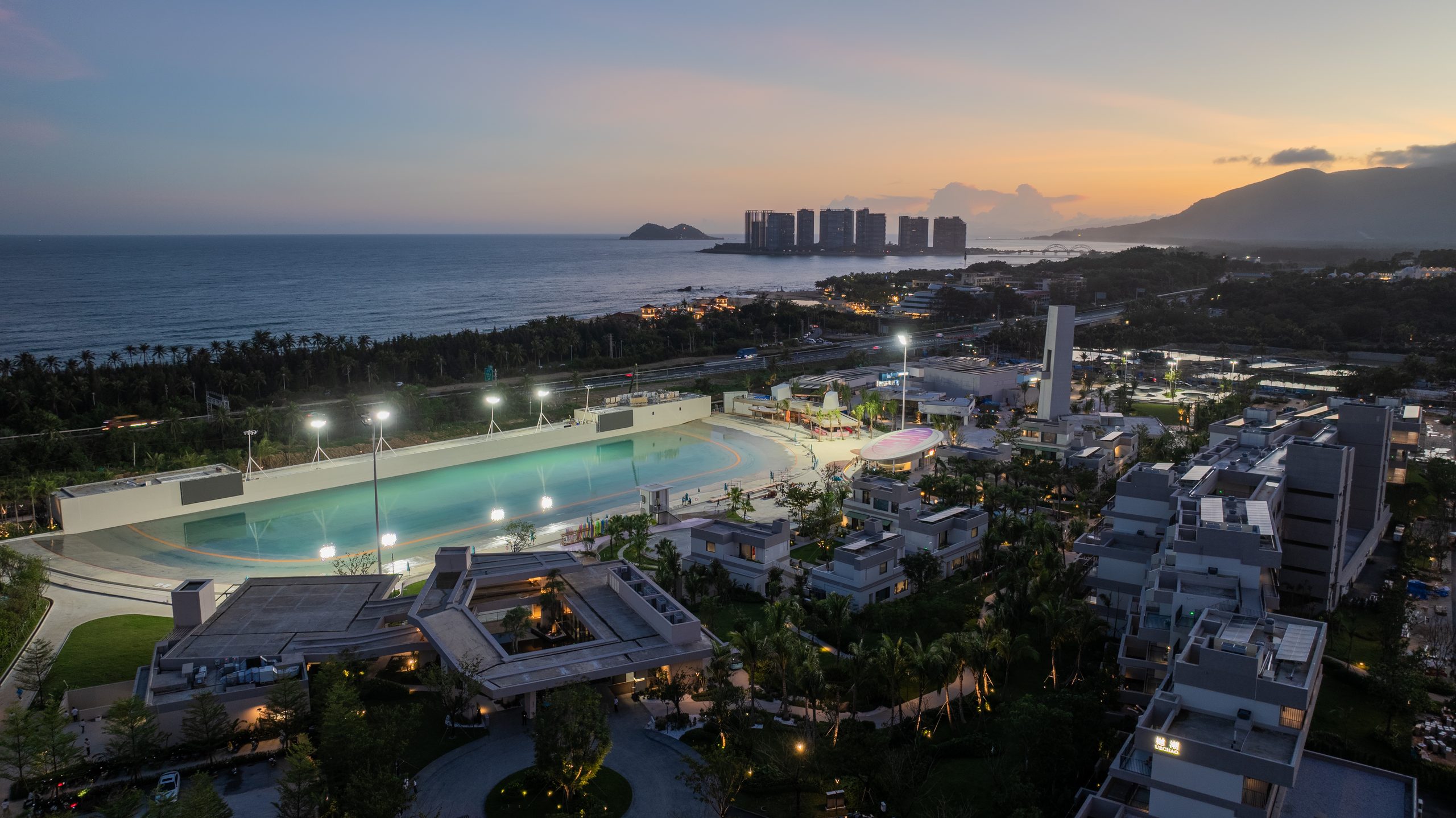 Surf pool aerial dusk